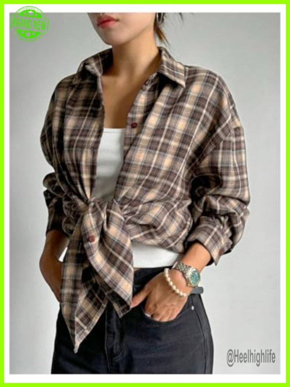 Oversized Plaid Button Down Shirt Long Sleeve Collared Blouse - Picture 3 of 6